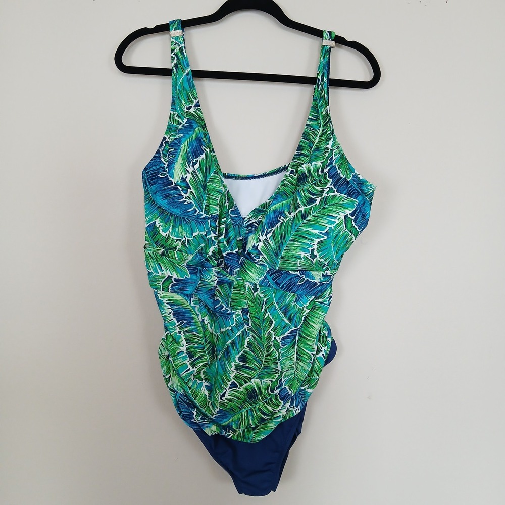 Chaps Womens Plus Size 22W Tropical Palm Leaf Print One Piece Swim Dress Green